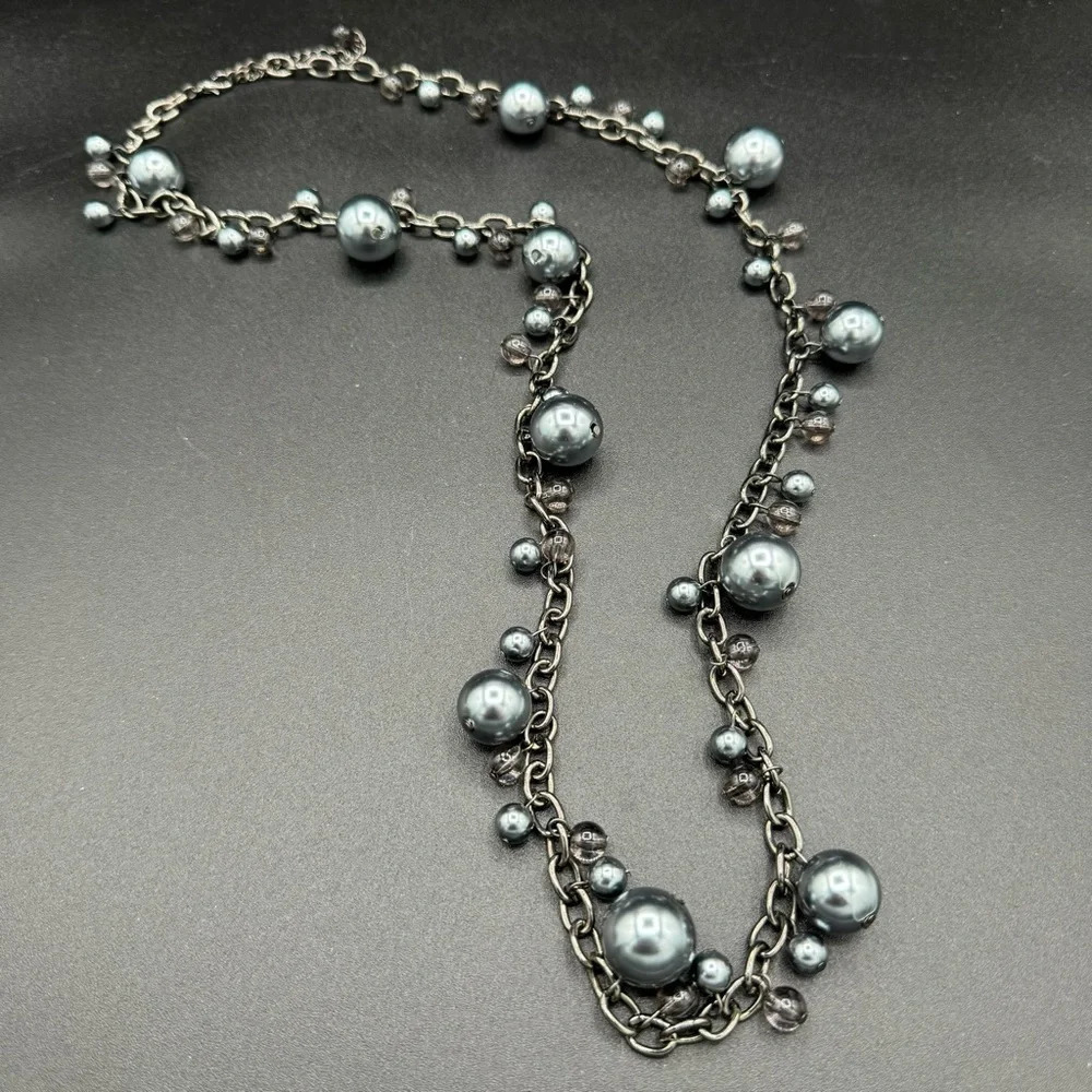 Satin Grey and Gunmetal Chunky Beaded Long Necklace